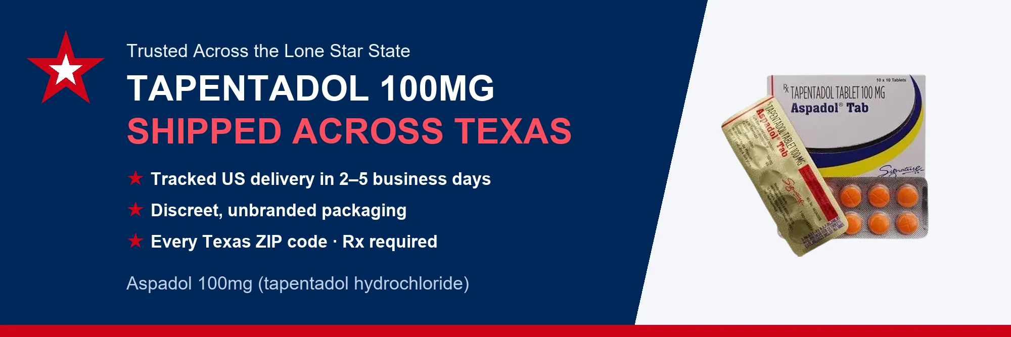 Tapentadol 100mg Aspadol tablets - fast tracked delivery across Texas
